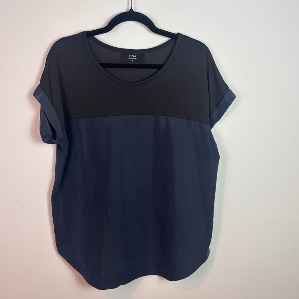 COA Coming of Age Womens Blue Mixed Media Cap Sleeve Blouse sz Large USA Classic